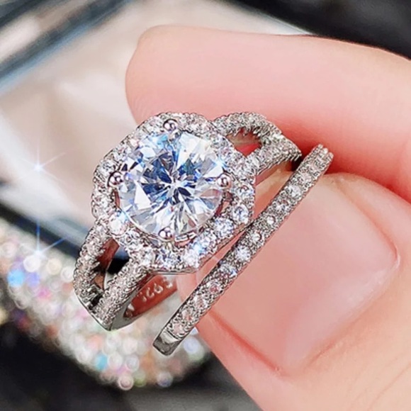 New 925 Silver 2 pc Set Promised Bridal Wedding Diamond Ring - Picture 2 of 6